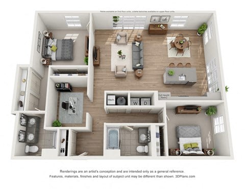Floor plan for 2 beds, 2 baths, 1593 sqft